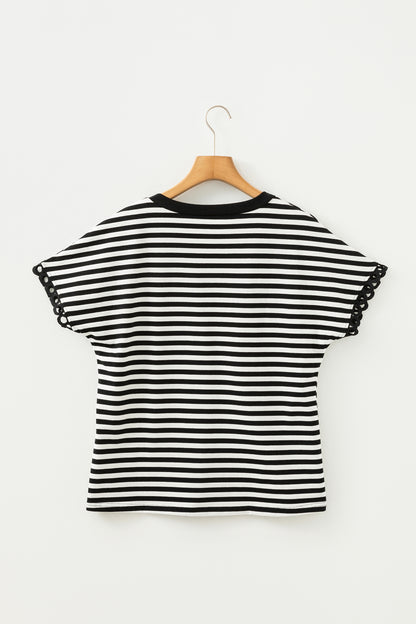 Black Stripe V Neck Lace Trim Casual Tee Top