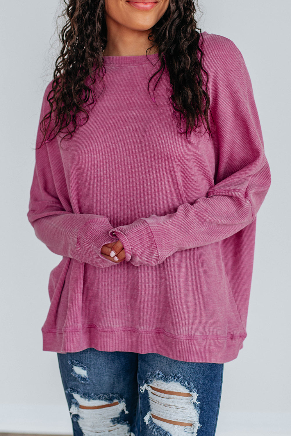 Waffle Knit Loose Long Sleeve Casual Top