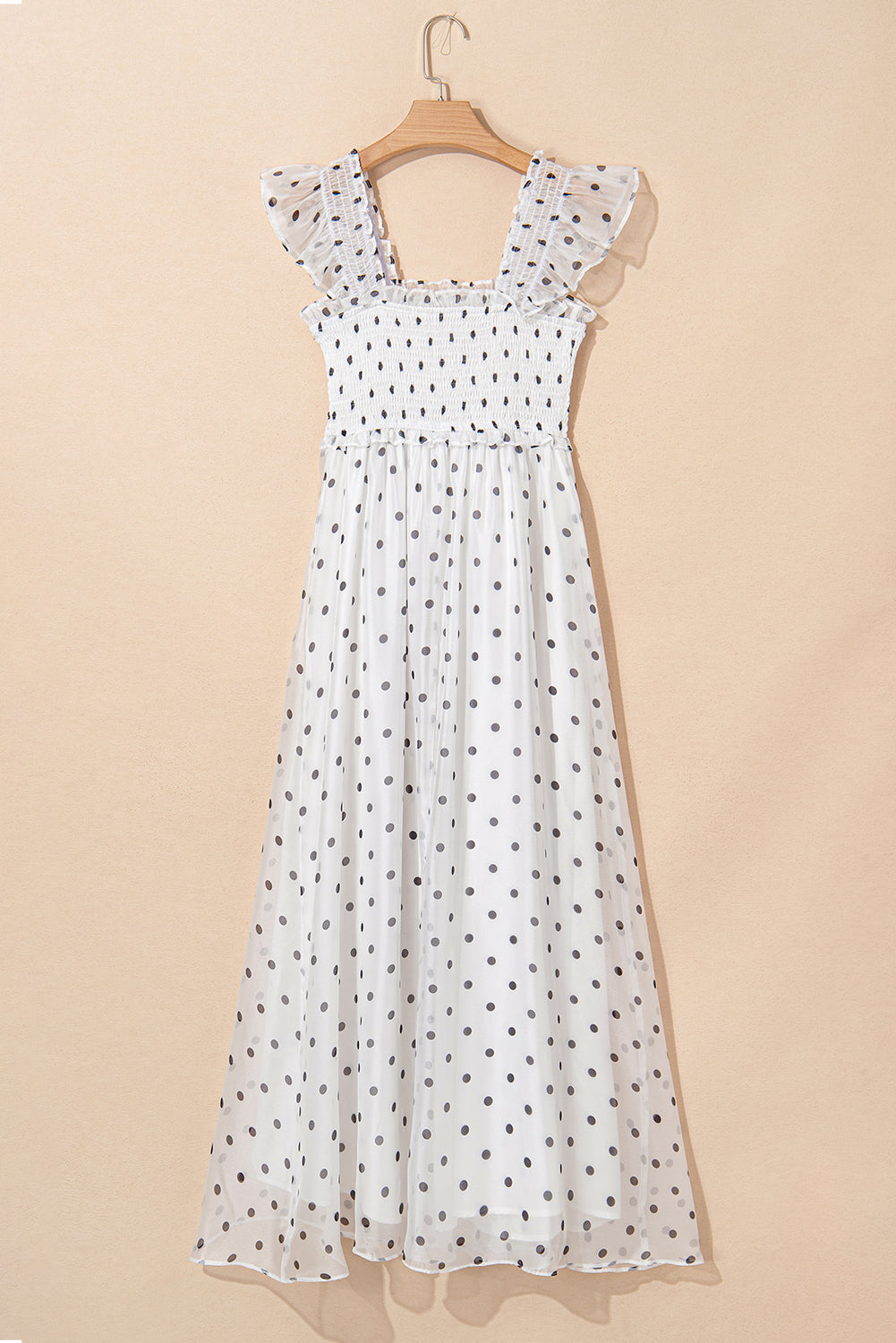 White Polka Dot Smocked Square Neck Flutter Maxi Dress