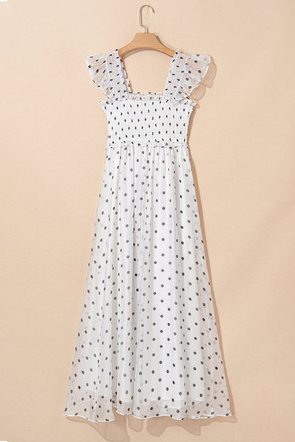 White Polka Dot Smocked Square Neck Flutter Maxi Dress