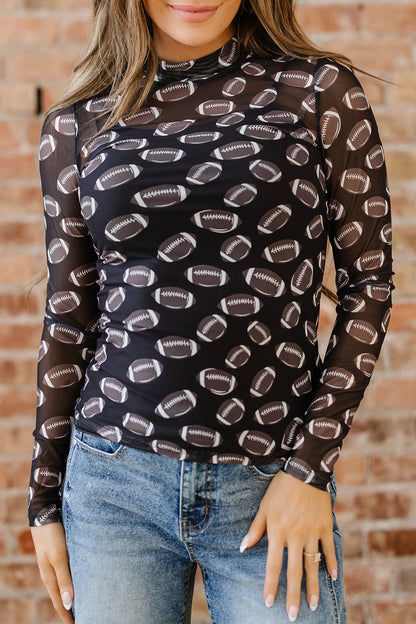 Football Print Mesh Mock Neck Game Day Long Sleeve Top