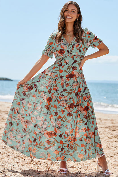 Sky Blue Floral V Neck Ruffle Short Sleeve Maxi Dress