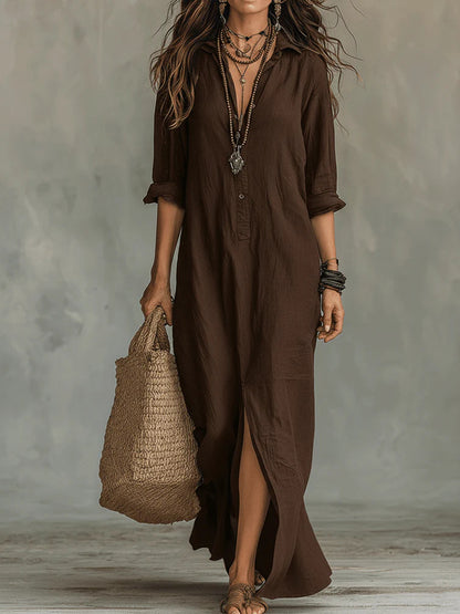 Women's Casual Collared Maxi Shirt Dress Front Slit