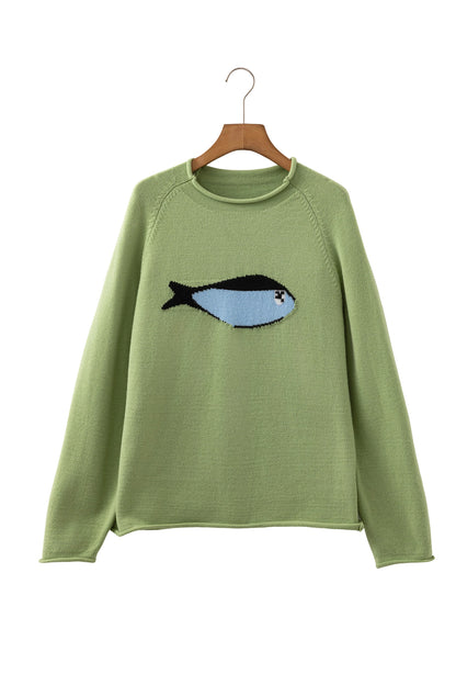 Meadow Mist Green Fish Graphic Oversized Knit Sweater