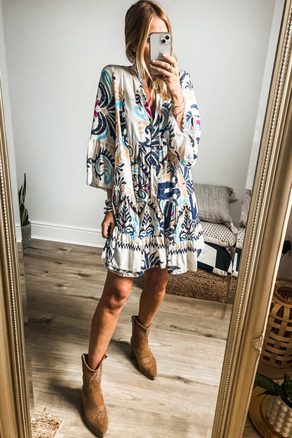 Boho Print Tiered Button Front Bell Sleeve Mini Dress