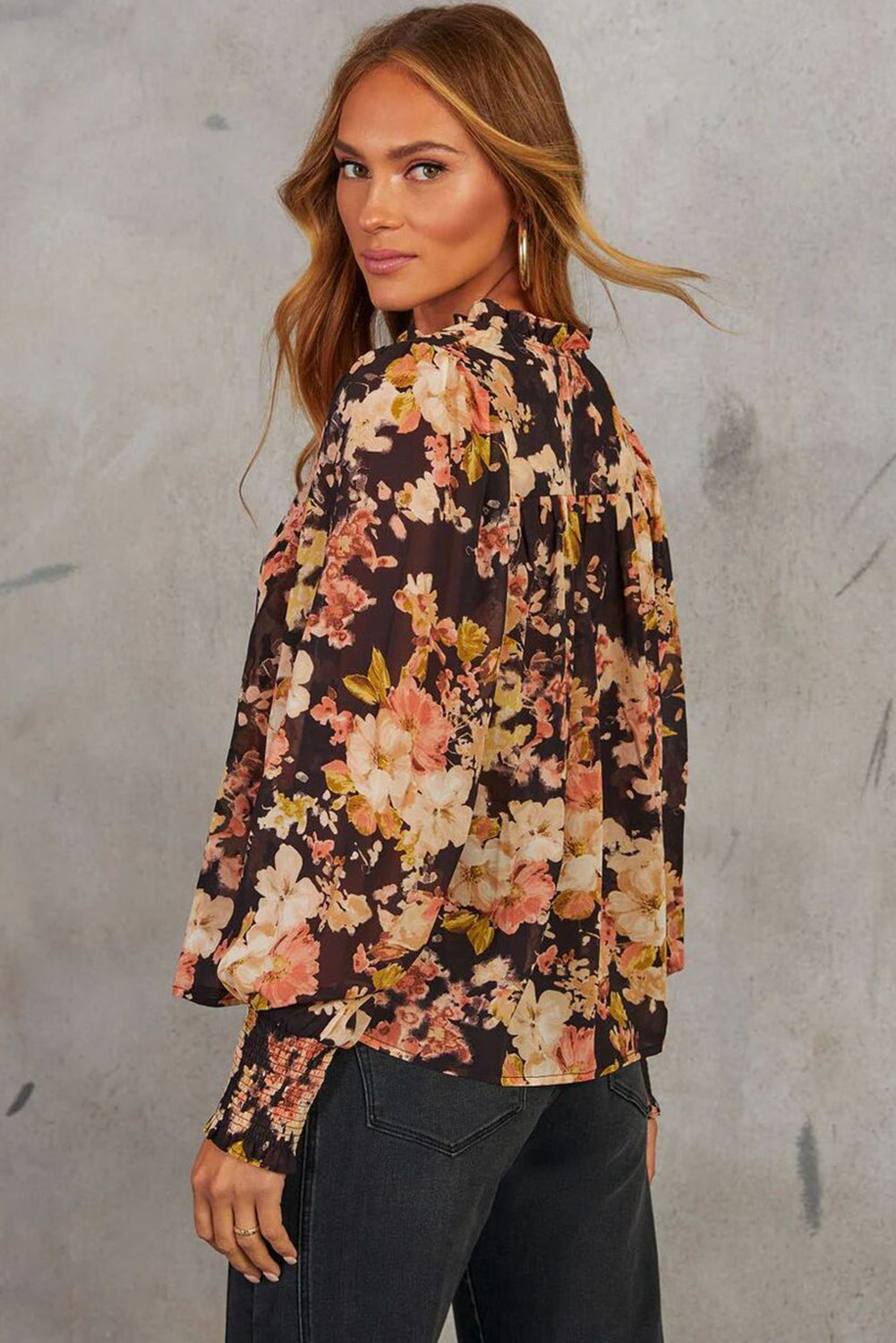 Black Floral Print V Neck Long Sleeve Smocked Cuff Blouse