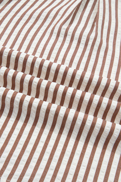 Khaki Striped Split Neck Puff Sleeve Blouse Top