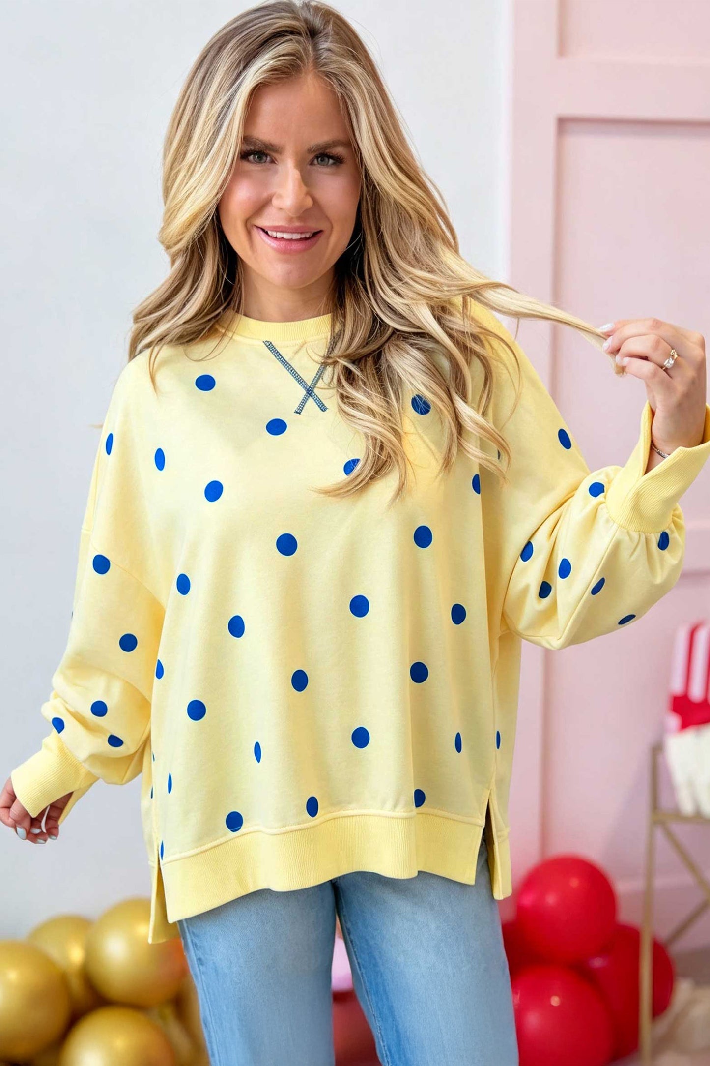Polka Dot Oversized Long Sleeve Tee Split Hem