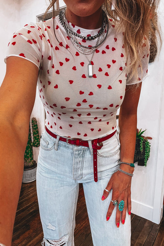 Racing Red Allover Heart Print Mesh Short Sleeve Top