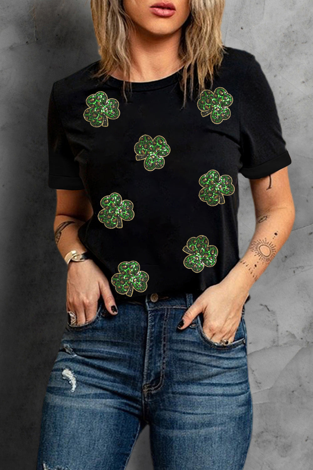 Black Sequin Clover Patch St Patrick's Day Tee