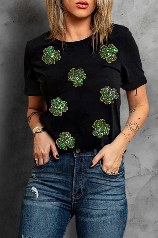 Black Sequin Clover Patch St Patrick's Day Tee