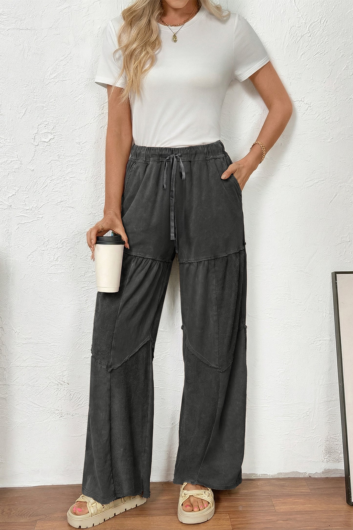 Women's Black Mineral Wash Wide Leg Patchwork Pants