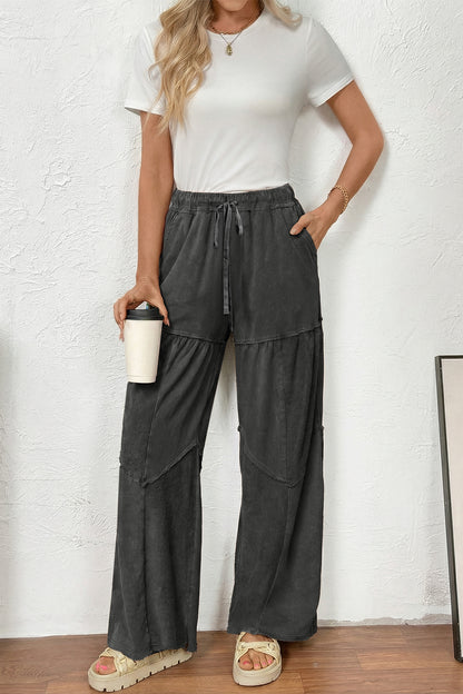 Women's Black Mineral Wash Wide Leg Patchwork Pants