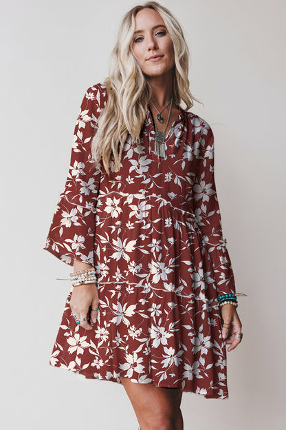 Blue Boho Floral Print Lettuce Trim 3/4 Sleeve Mini Dress
