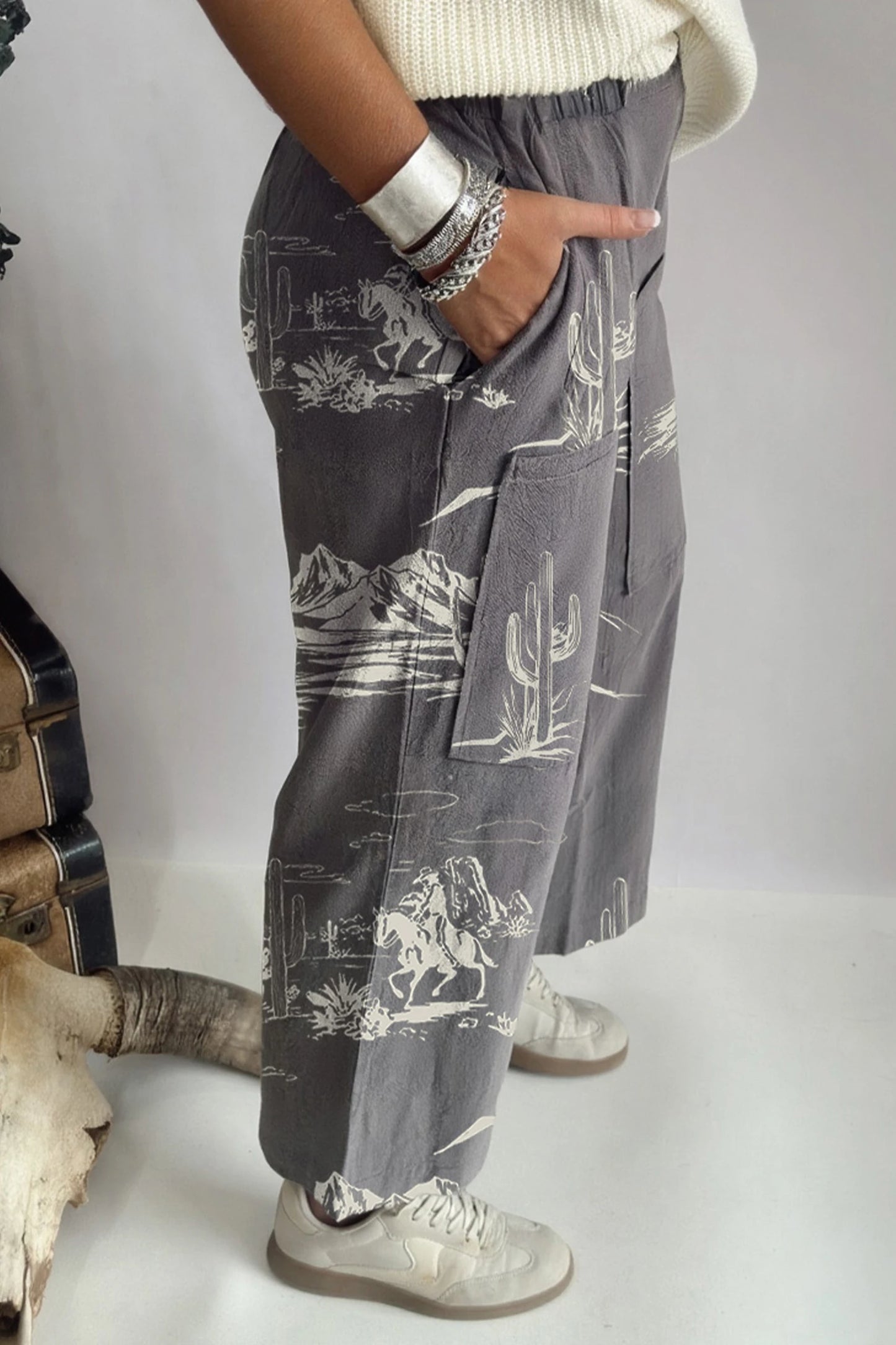Vintage Western Print Wide Leg Jeans High Waist Pants