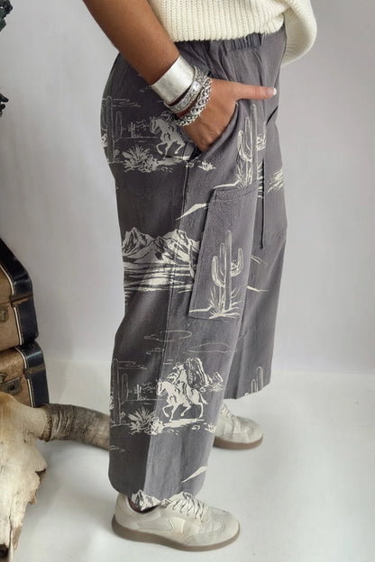 Vintage Western Print Wide Leg Jeans High Waist Pants