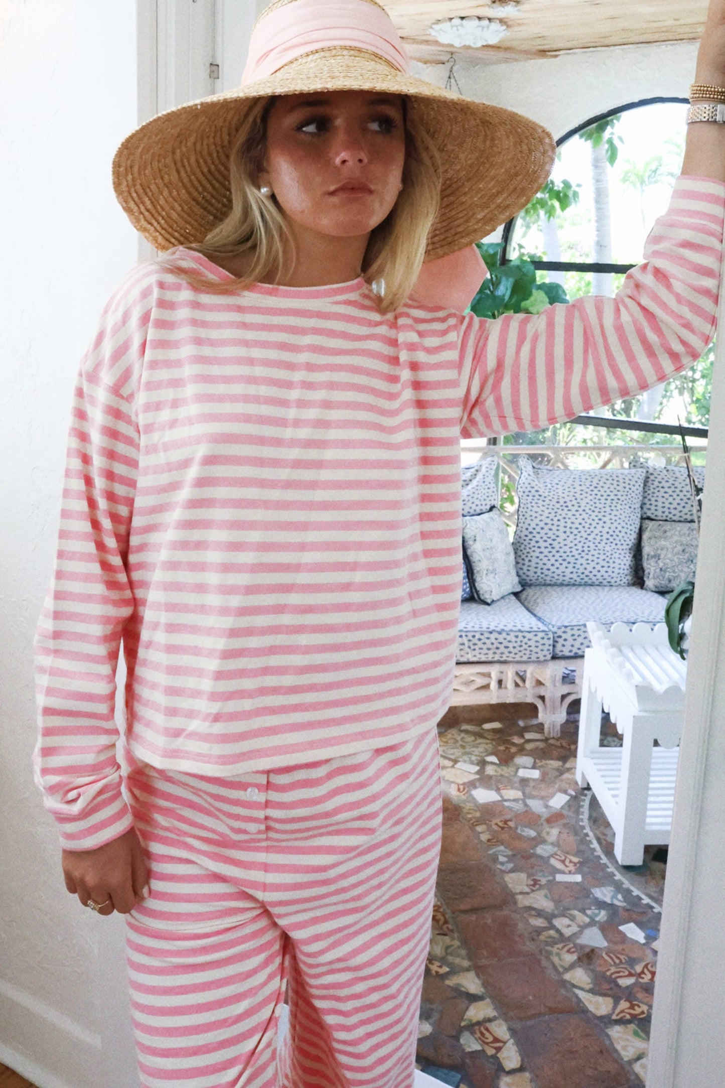 Striped Lounge Set Long Sleeve Top Wide Leg Pants