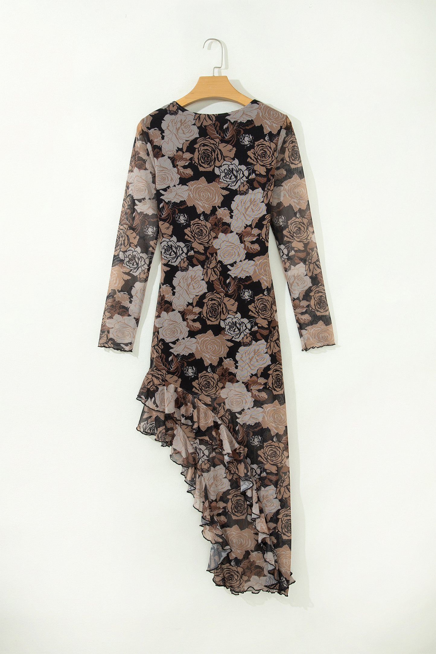 Floral Mesh Long Sleeve Asymmetric Ruffle Midi Dress