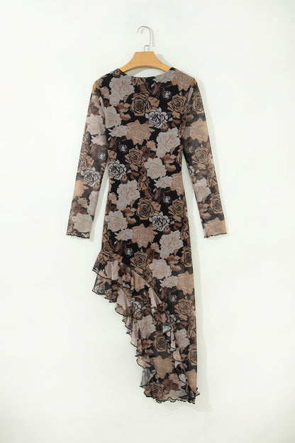 Floral Mesh Long Sleeve Asymmetric Ruffle Midi Dress