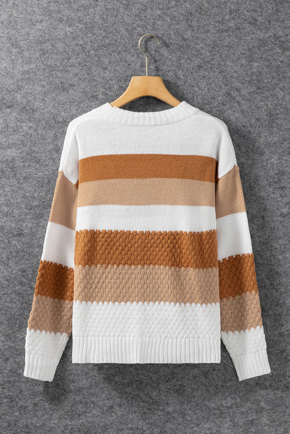 Chestnut Striped Cable Knit Drop Shoulder Sweater