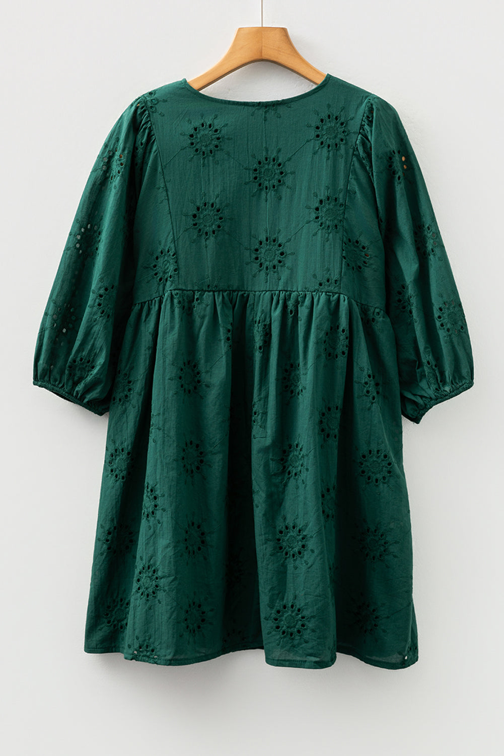 Green Eyelet Embroidered Puff Sleeve Babydoll Mini Dress