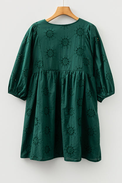Green Eyelet Embroidered Puff Sleeve Babydoll Mini Dress