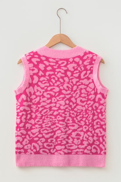 Western Leopard Print Knit Sweater Vest Button Cardigan