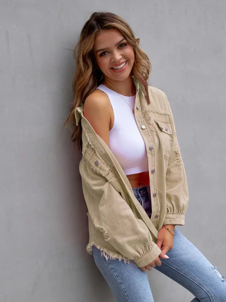 Washed Distressed Denim Shacket Oversized Raw Hem Jacket