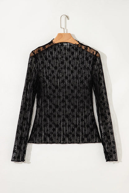 Ashleigh Blue Sheer Floral Lace Mock Neck Long Sleeve Top