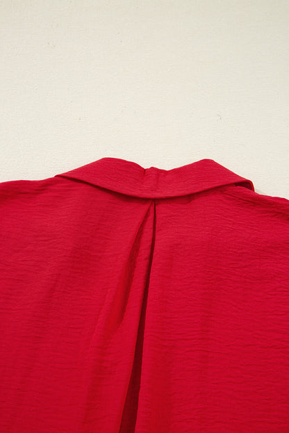 Red V Neck Collared Blouse Loose Fit Smocked Sleeve