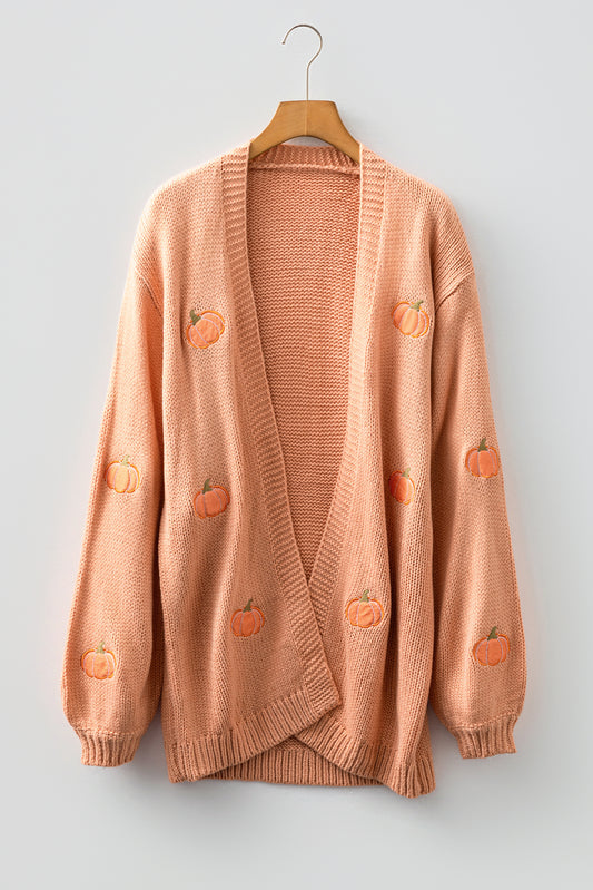 Light Pink Christmas Tree Print Open Front Drop Shoulder Midi Cardigan