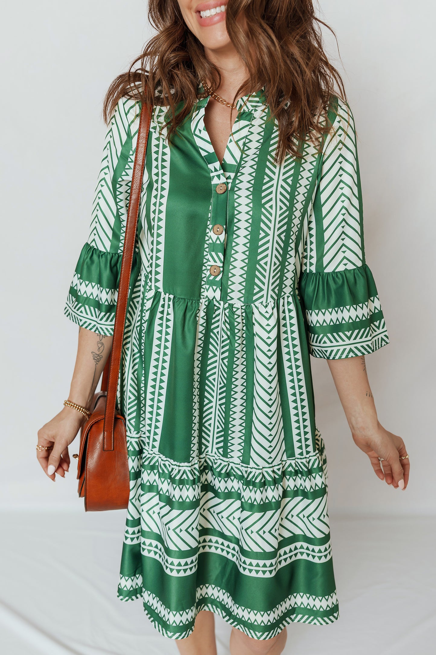 Boho Ethnic Print Mini Dress Women 3 4 Sleeve Button