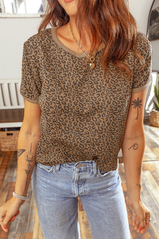Western Leopard Print Crew Neck Casual Tee for Women