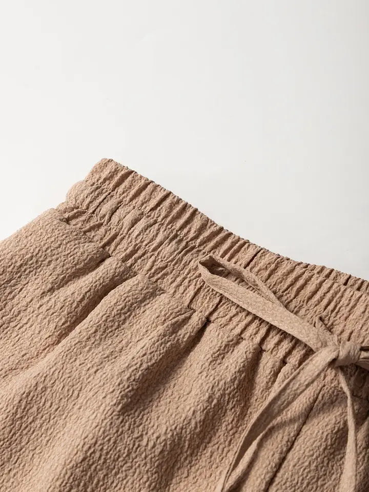 Textured High Waist Drawstring Tiered Casual Shorts