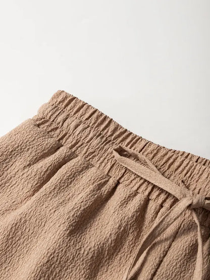 Textured High Waist Drawstring Tiered Casual Shorts