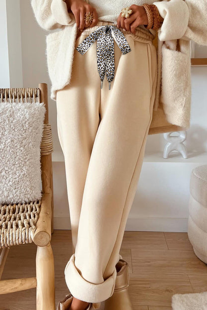 Black Fleece Lined Leopard Drawstring Elastic Waist Solid Pants