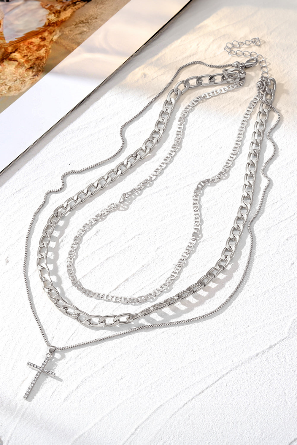 Silver Cross Pendant Layered Chain Necklace Set
