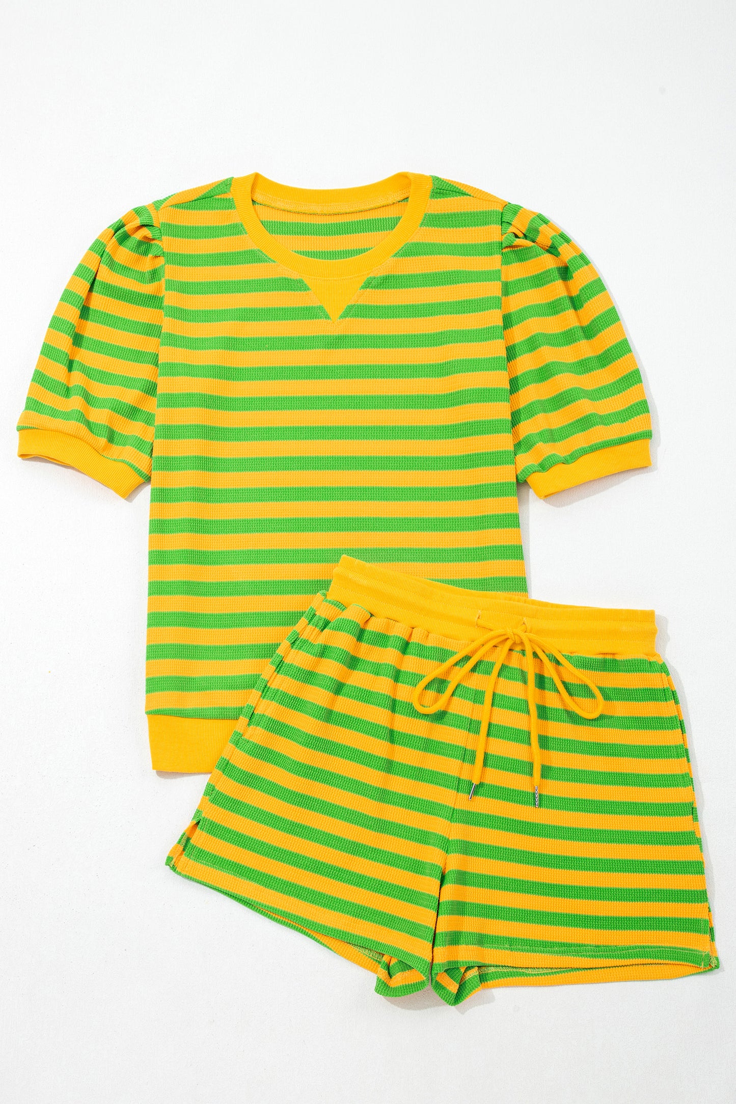 Green Stripe Puff Sleeve Lounge Set Drawstring Shorts