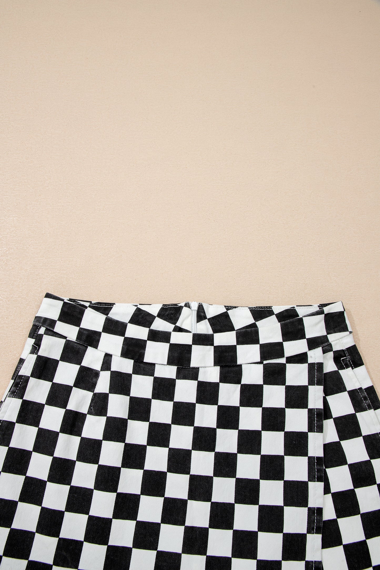 Checkered Print Overlap Denim Skort Mini Shorts