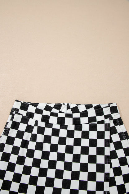 Checkered Print Overlap Denim Skort Mini Shorts