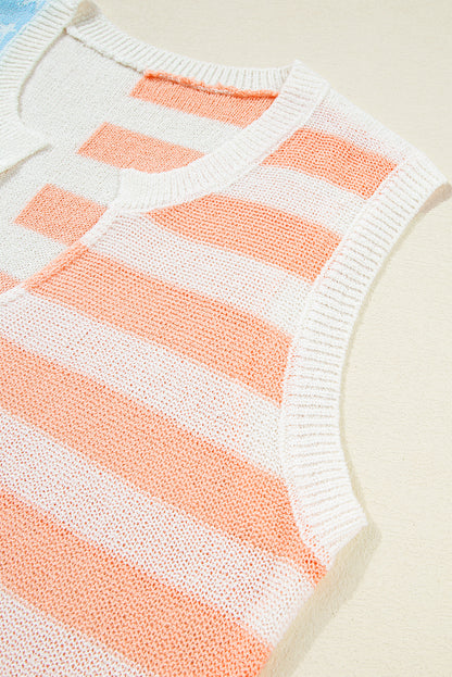 Pink USA Flag Stripe Notched Neck Sweater Vest