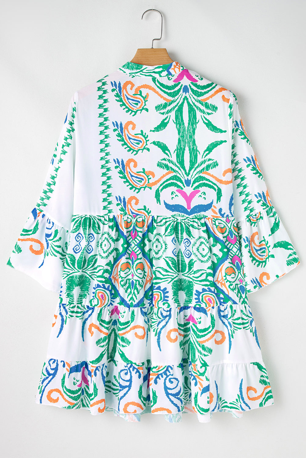 Boho Print Tiered Bell Sleeve Button Front Mini Dress