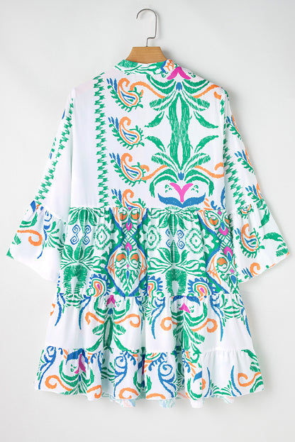 Boho Print Tiered Bell Sleeve Button Front Mini Dress
