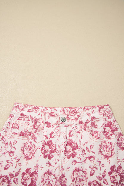Pink Vintage Floral Print Wide Leg Denim Pants