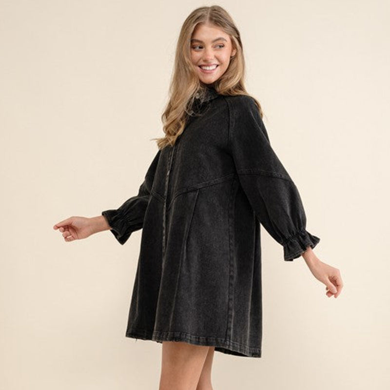 Denim Puff Sleeve Button Shirt Dress Casual Mini Dress