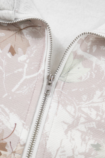 Plus Size Gray Half Zip Sweatshirt with Camo Leaf Patchwork