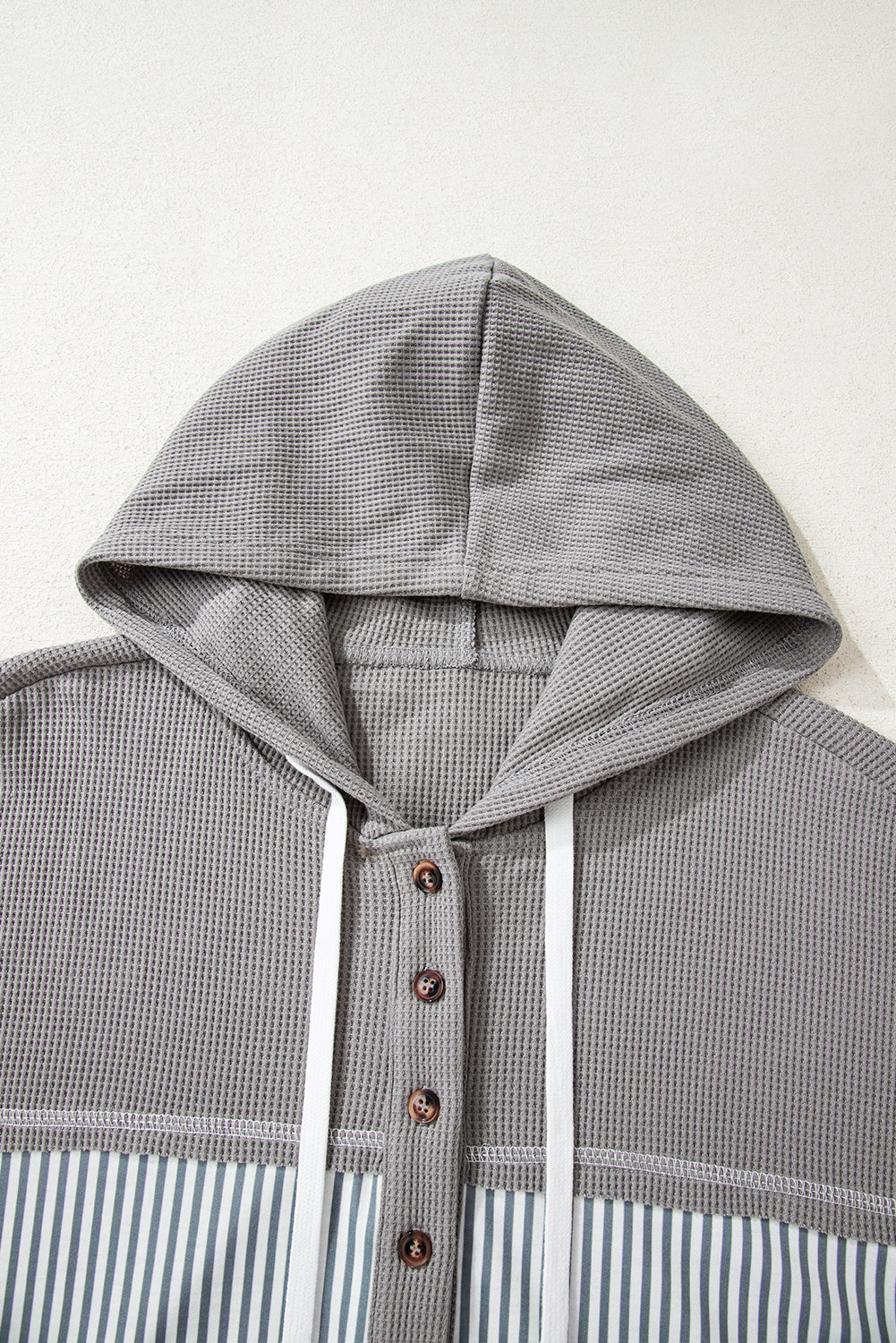 Cinnamon Waffle Printed Patchwork Drawstring Hooded Long Sleeve Top