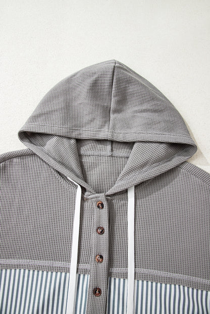 Cinnamon Waffle Printed Patchwork Drawstring Hooded Long Sleeve Top