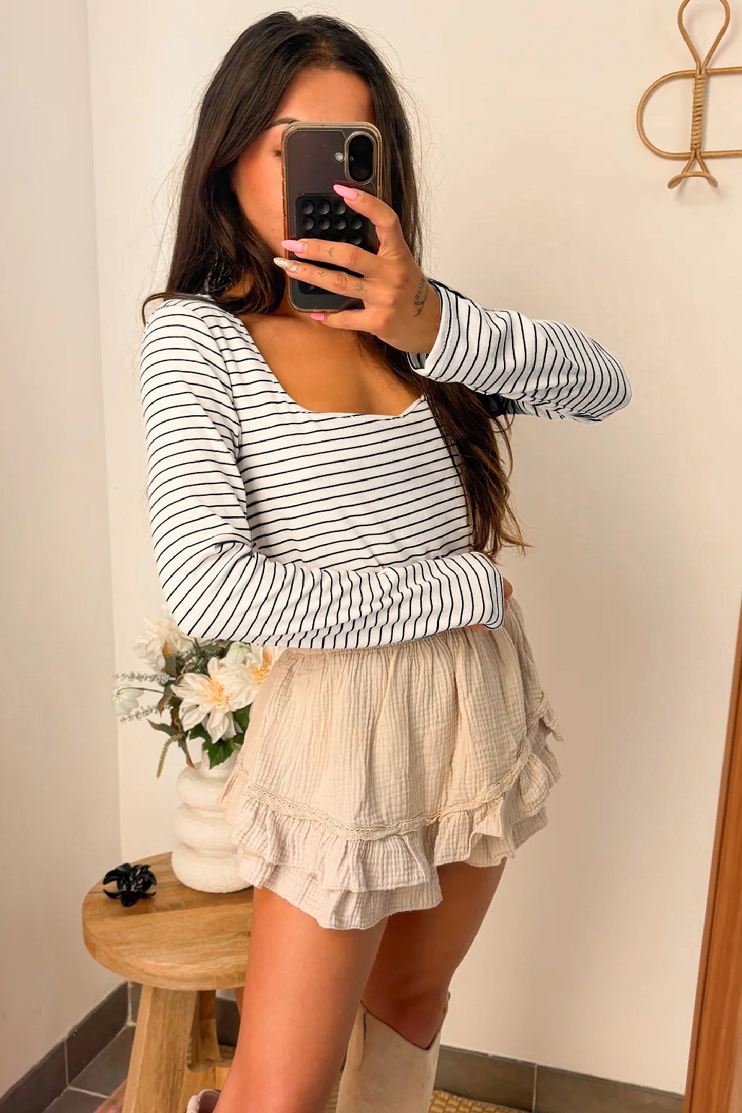 Striped Square Neck Long Sleeve Stretch Knit Top for Women