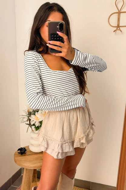 Striped Square Neck Long Sleeve Stretch Knit Top for Women
